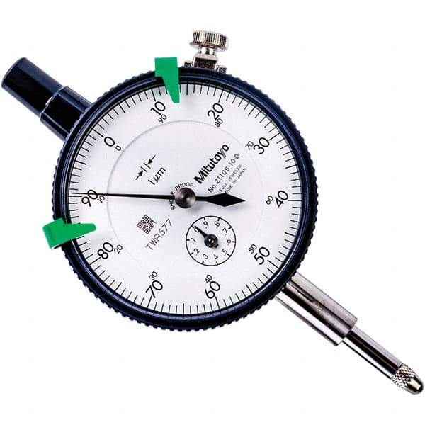 Mitutoyo - 1mm Range, 0-100 Dial Reading, 0.001mm Graduation Dial Drop Indicator - 57mm Dial, 0.1mm Range per Revolution, 0.005mm Accuracy, Revolution Counter - USA Tool & Supply