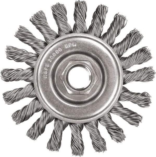 DeWALT - 5" OD, 5/8-11 Arbor Hole, Knotted Stainless Steel Wheel Brush - 3/8" Face Width, 7/8" Trim Length, 0.02" Filament Diam, 12,000 RPM - USA Tool & Supply