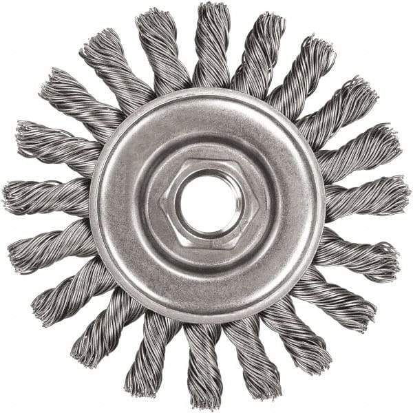 DeWALT - 4" OD, 5/8-11 Arbor Hole, Knotted Steel Wheel Brush - 3/8" Face Width, 7/8" Trim Length, 0.02" Filament Diam, 20,000 RPM - USA Tool & Supply