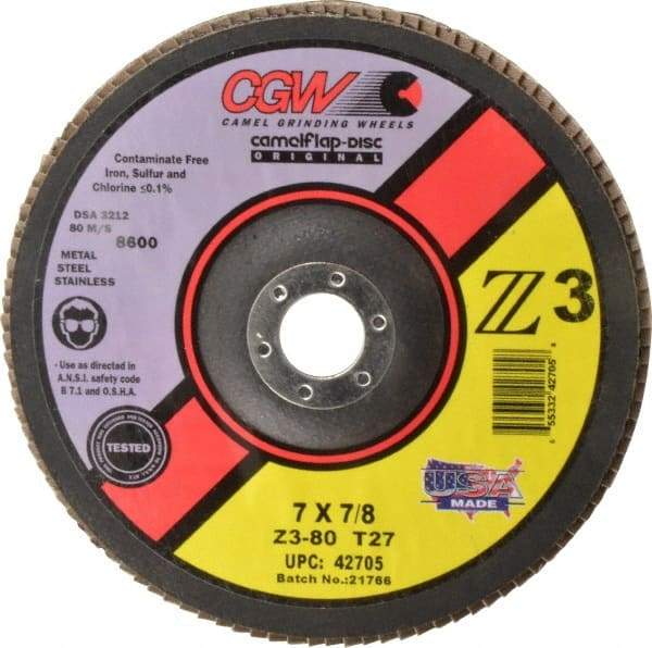 Camel Grinding Wheels - 80 Grit, 7" Disc Diam, 7/8" Center Hole, Type 27 Zirconia Alumina Flap Disc - 8,600 Max RPM, Poly Cotton Backing, Arbor Attaching System, Coated - USA Tool & Supply