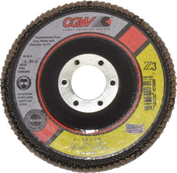Camel Grinding Wheels - 120 Grit, 4-1/2" Disc Diam, 7/8" Center Hole, Type 27 Zirconia Alumina Flap Disc - 13,300 Max RPM, Poly Cotton Backing, Arbor Attaching System, Coated - USA Tool & Supply