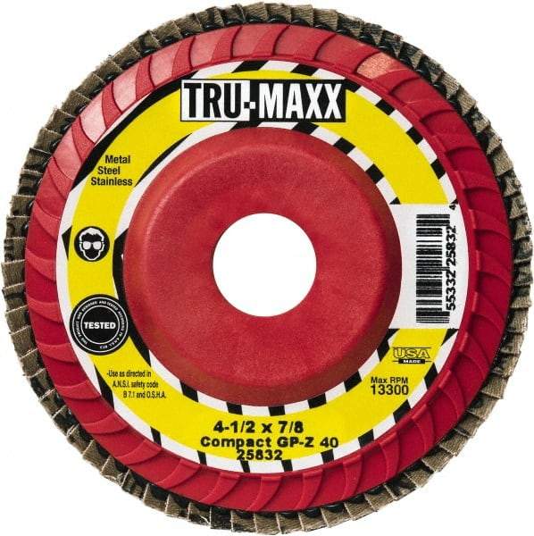 Tru-Maxx - 36 Grit, 4-1/2" Disc Diam, 5/8-11 Center Hole, Compact Ceramic Flap Disc - 13,300 Max RPM, Fiberglass Backing, Arbor Attaching System, Coated - USA Tool & Supply
