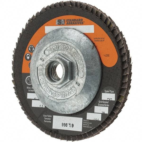 Camel Grinding Wheels - 36 Grit, 4-1/2" Disc Diam, 5/8-11 Center Hole, Type 29 Zirconia Alumina Flap Disc - Arbor Attaching System, Coated - USA Tool & Supply