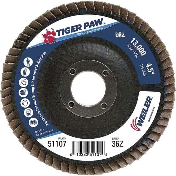 Weiler - 36 Grit, 4-1/2" Disc Diam, 7/8" Center Hole, Type 27 Zirconia Alumina Flap Disc - 13,000 Max RPM, Phenolic Backing, Arbor Attaching System, Coated - USA Tool & Supply