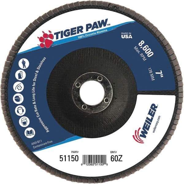 Weiler - 60 Grit, 7" Disc Diam, 7/8" Center Hole, Type 29 Zirconia Alumina Flap Disc - 8,600 Max RPM, Phenolic Backing, Arbor Attaching System, Coated - USA Tool & Supply