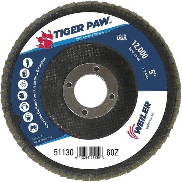 Weiler - 60 Grit, 5" Disc Diam, 7/8" Center Hole, Type 27 Zirconia Alumina Flap Disc - 12,000 Max RPM, Phenolic Backing, Arbor Attaching System, Coated - USA Tool & Supply