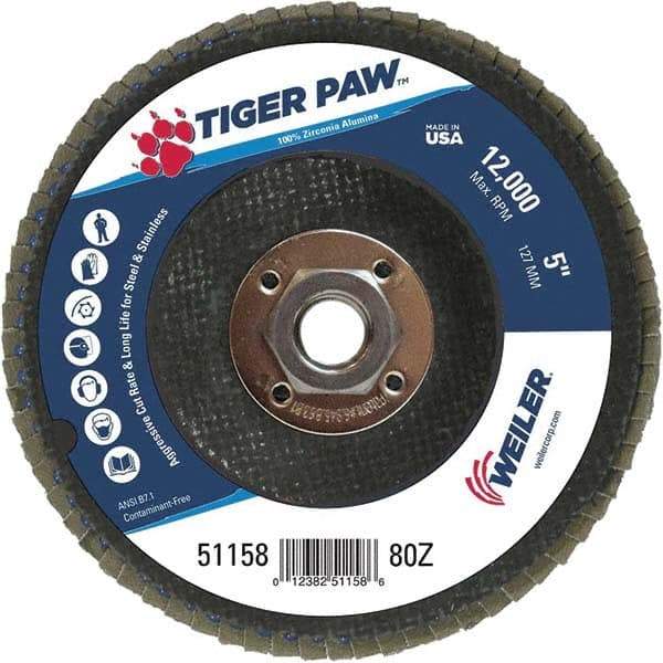 Weiler - 80 Grit, 5" Disc Diam, 5/8-11 Center Hole, Type 29 Zirconia Alumina Flap Disc - 12,000 Max RPM, Phenolic Backing, Arbor Attaching System, Coated - USA Tool & Supply