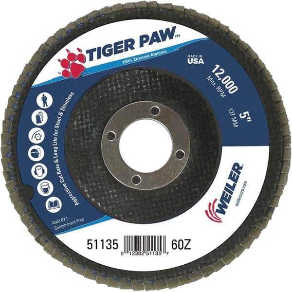 Weiler - 60 Grit, 5" Disc Diam, 7/8" Center Hole, Type 29 Zirconia Alumina Flap Disc - 12,000 Max RPM, Phenolic Backing, Arbor Attaching System, Coated - USA Tool & Supply