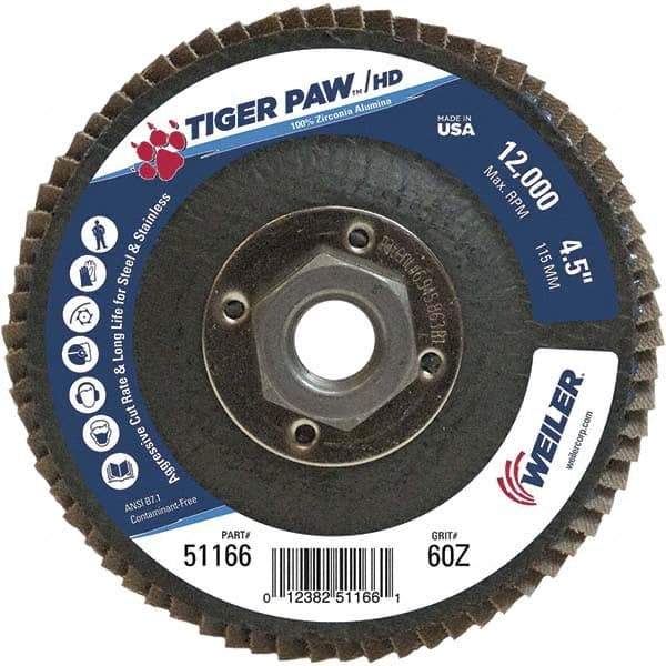 Weiler - 60 Grit, 4-1/2" Disc Diam, 5/8-11 Center Hole, Type 27 Zirconia Alumina Flap Disc - 12,000 Max RPM, Phenolic Backing, Arbor Attaching System, Coated - USA Tool & Supply