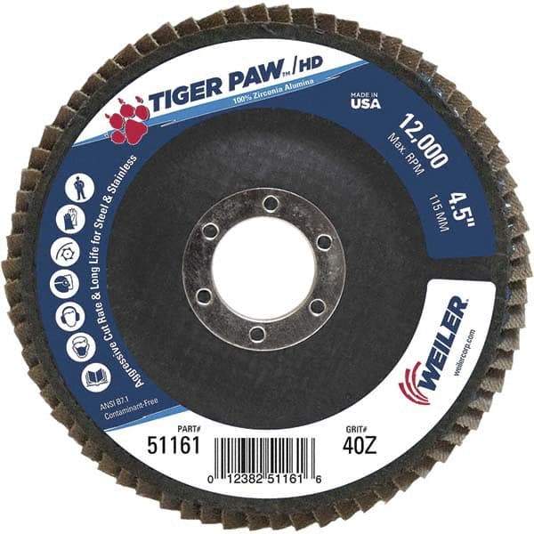 Weiler - 40 Grit, 4-1/2" Disc Diam, 7/8" Center Hole, Type 27 Zirconia Alumina Flap Disc - 12,000 Max RPM, Phenolic Backing, Arbor Attaching System, Coated - USA Tool & Supply