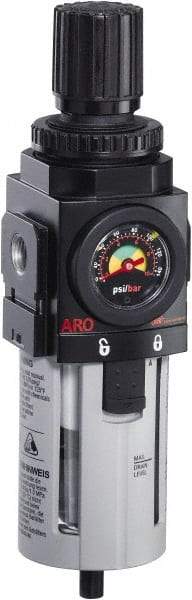 ARO/Ingersoll-Rand - 1/2" NPT Port Standard 1 Piece Coalescing Filter/Regulator FRL Unit - Polycarbonate Bowl, 172 SCFM, 150 Max psi, 9.961" High x 2.756" Long, Manual Drain - USA Tool & Supply