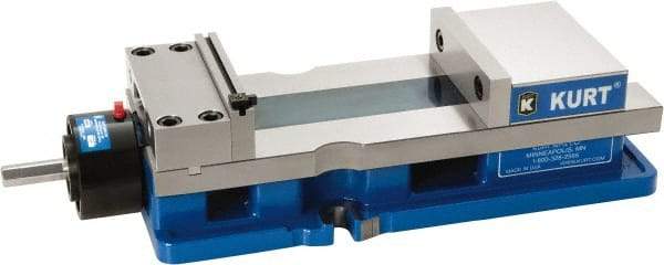 Kurt - 6" Jaw Width, 9" Jaw Opening Capacity, Horizontal Stationary Machine Vise - Reverse Hydraulic Operation, 1 Station, 20.553" Long x 4.86" High x 1-47/64" Deep, 1.735" Jaw Height, 5,250 Lb Max Clamp Force, Ductile Iron - USA Tool & Supply