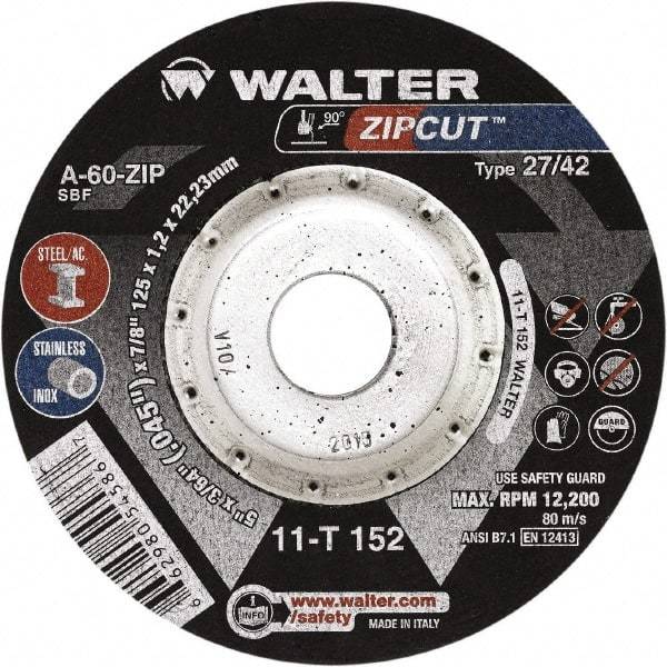 WALTER Surface Technologies - 60 Grit, 4-1/2" Wheel Diam, 3/64" Wheel Thickness, 7/8" Arbor Hole, Type 27 Depressed Center Wheel - Aluminum Oxide, Resinoid Bond, 13,300 Max RPM, Compatible with Angle Grinder - USA Tool & Supply