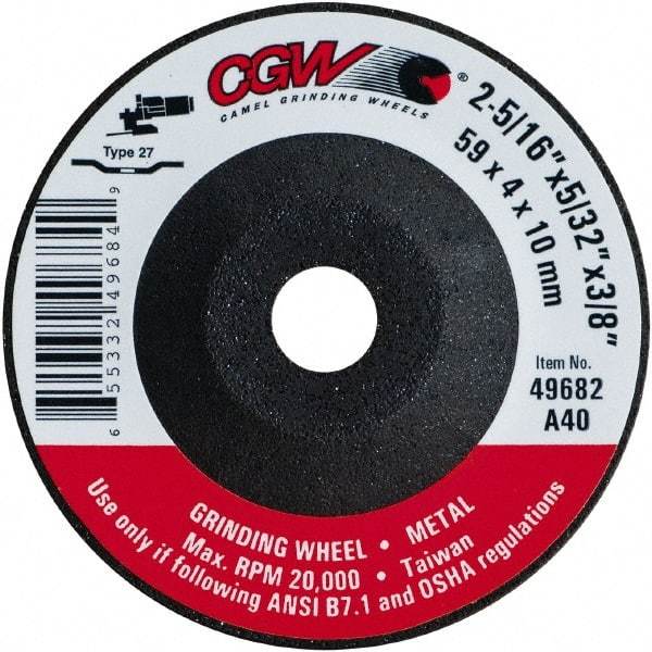 Camel Grinding Wheels - 40 Grit, 2-5/16" Wheel Diam, 5/32" Wheel Thickness, 3/8" Arbor Hole, Type 27 Depressed Center Wheel - Medium Grade, Aluminum Oxide, Resinoid Bond, 20,000 Max RPM - USA Tool & Supply