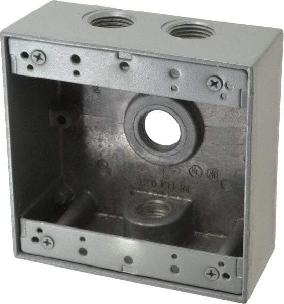 Thomas & Betts - 2 Gang, (4) 1/2" Knockouts, Aluminum Square Outlet Box - 4-9/16" Overall Height x 4-5/8" Overall Width x 2-1/16" Overall Depth, Weather Resistant - USA Tool & Supply
