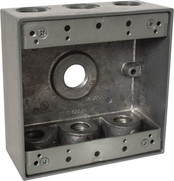 Thomas & Betts - 2 Gang, (7) 1/2" Knockouts, Aluminum Square Outlet Box - 4-9/16" Overall Height x 4-5/8" Overall Width x 2-1/16" Overall Depth, Weather Resistant - USA Tool & Supply