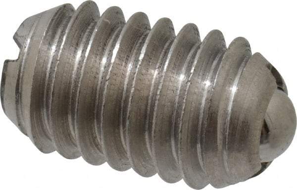 Vlier - 3/8-16, 0.188" Ball Diam, 0.625" Body Length, 0.048" Max Ball Reach, Threaded Ball Plunger - Stainless Steel Body, Stainless Steel Ball, 5 Lb Initial End Force, 10 Lb Final End Force, Locking Element - USA Tool & Supply