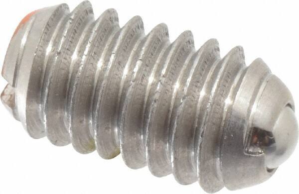 Vlier - 5/16-18, 0.156" Ball Diam, 0.578" Body Length, 0.04" Max Ball Reach, Threaded Ball Plunger - Stainless Steel Body, Stainless Steel Ball, 6 Lb Initial End Force, 17 Lb Final End Force, Locking Element - USA Tool & Supply