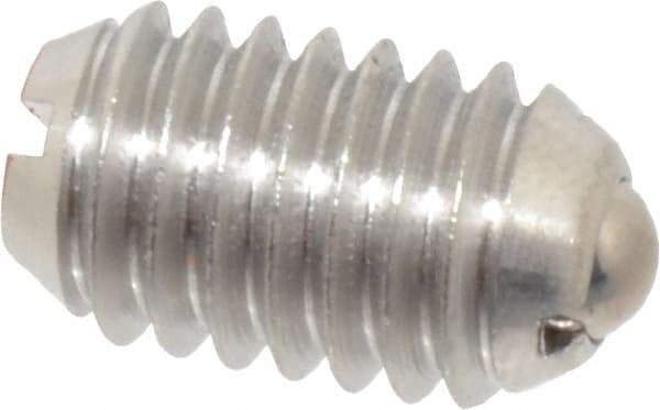 Vlier - 3/8-16, 0.188" Ball Diam, 0.625" Body Length, 0.048" Max Ball Reach, Threaded Ball Plunger - Stainless Steel Body, Stainless Steel Ball, 6 Lb Initial End Force, 21 Lb Final End Force - USA Tool & Supply