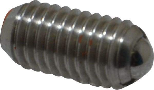 Vlier - M8x1.25, 5mm Ball Diam, 16mm Body Length, 1.5mm Max Ball Reach, Threaded Ball Plunger - Stainless Steel Body, Stainless Steel Ball, 9 Lb Initial End Force, 13.49 Lb Final End Force - USA Tool & Supply