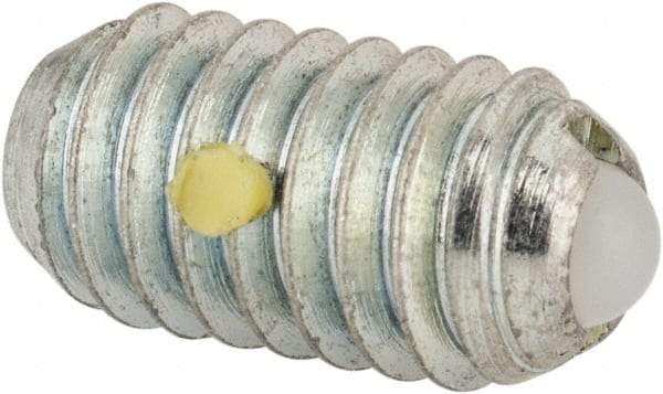 Vlier - 5/16-18, 0.156" Ball Diam, 0.578" Body Length, 0.04" Max Ball Reach, Threaded Ball Plunger - Steel Body, Nylon Ball, 2 Lb Initial End Force, 4.25 Lb Final End Force, Locking Element - USA Tool & Supply