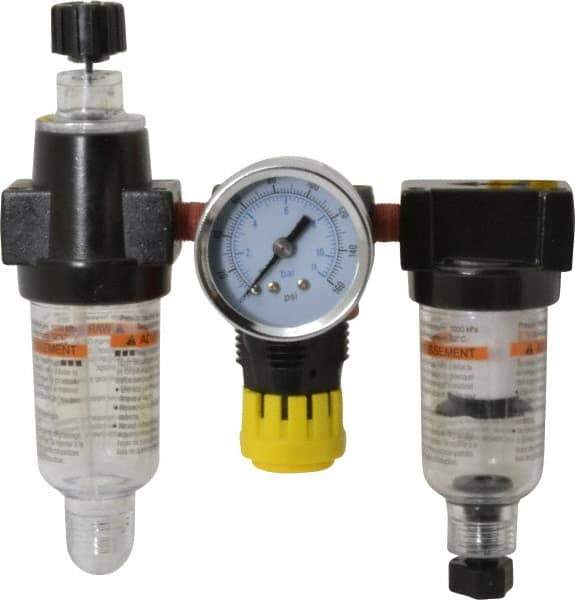 PRO-SOURCE - 1/8" NPT Port Miniature 3 Piece Filter-Regulator-Lubricator FRL Unit - Polycarbonate Bowl, 22 SCFM, 150 Max psi, 5.98" High, Manual Drain - USA Tool & Supply