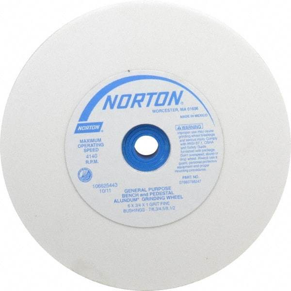 Norton - 100 Grit Aluminum Oxide Bench & Pedestal Grinding Wheel - 6" Diam x 1" Hole x 3/4" Thick, 4140 Max RPM, J Hardness, Fine Grade , Vitrified Bond - USA Tool & Supply