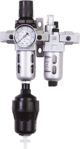 PRO-SOURCE - 1/4" NPT Port Miniature 2 Piece Filter/Regulator-Lubricator FRL Unit - Polycarbonate Bowl, 18 SCFM, 145 Max psi, 6.69" High, Automatic Drain - USA Tool & Supply