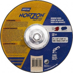 Norton - 9" Wheel Diam, 1/4" Wheel Thickness, Type 27 Depressed Center Wheel - Ceramic, Resinoid Bond, 6,600 Max RPM - USA Tool & Supply