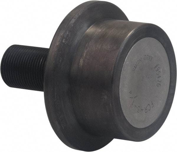 Accurate Bushing - 4-1/2" Roller Diam x 2" Width, 1-1/4" Stud Diam x 2-3/4" Length, Flanged Load Roller - Carbon Steel, 1-3/4" Thread Length, 1-1/4-12 Thread, 4-3/4" OAL, 14,300 Lb Dynamic Cap, 16,000 Lb Static Cap - USA Tool & Supply