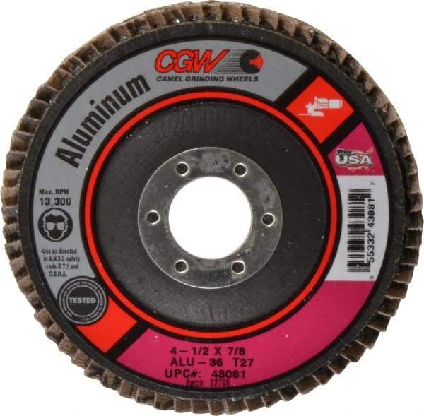 Camel Grinding Wheels - 36 Grit, 4-1/2" Disc Diam, 7/8" Center Hole, Type 27 Aluminum Oxide Flap Disc - 13,300 Max RPM, Polyester Backing, Arbor Attaching System, Coated - USA Tool & Supply