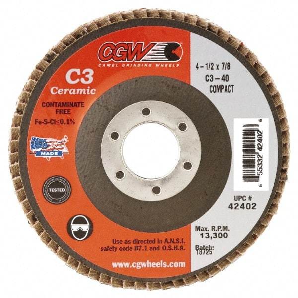 Camel Grinding Wheels - 80 Grit, 5" Disc Diam, 5/8-11 Center Hole, Ceramic Flap Disc - 12,200 Max RPM, Polyester Backing, Arbor Attaching System, Coated - USA Tool & Supply
