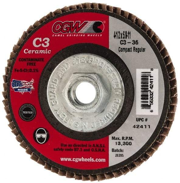 Camel Grinding Wheels - 36 Grit, 4-1/2" Disc Diam, 5/8-11 Center Hole, Ceramic Flap Disc - 13,300 Max RPM, Polyester Backing, Arbor Attaching System, Coated - USA Tool & Supply