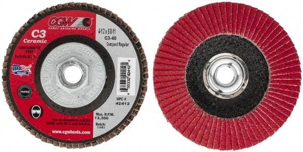 Camel Grinding Wheels - 40 Grit, 4-1/2" Disc Diam, 5/8-11 Center Hole, Ceramic Flap Disc - 13,300 Max RPM, Polyester Backing, Arbor Attaching System, Coated - USA Tool & Supply