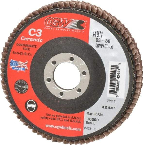 Camel Grinding Wheels - 36 Grit, 4-1/2" Disc Diam, 7/8" Center Hole, Ceramic Flap Disc - 13,300 Max RPM, Polyester Backing, Arbor Attaching System, Coated - USA Tool & Supply