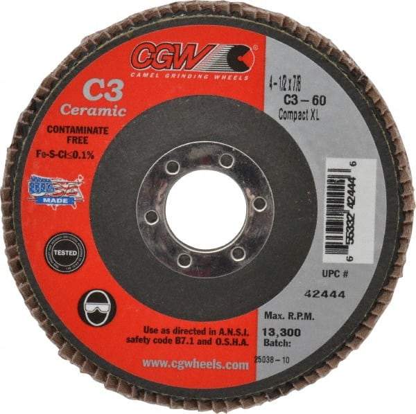 Camel Grinding Wheels - 60 Grit, 4-1/2" Disc Diam, 7/8" Center Hole, Ceramic Flap Disc - 13,300 Max RPM, Polyester Backing, Arbor Attaching System, Coated - USA Tool & Supply