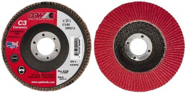 Camel Grinding Wheels - 80 Grit, 4-1/2" Disc Diam, 7/8" Center Hole, Ceramic Flap Disc - 13,300 Max RPM, Polyester Backing, Arbor Attaching System, Coated - USA Tool & Supply