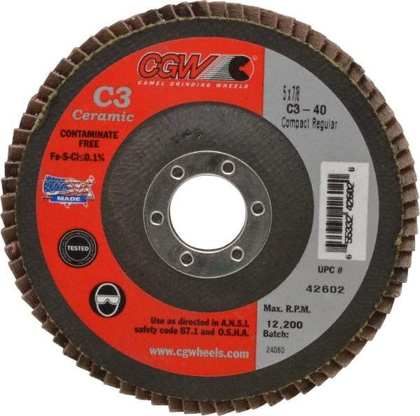 Camel Grinding Wheels - 40 Grit, 5" Disc Diam, 7/8" Center Hole, Ceramic Flap Disc - 12,200 Max RPM, Polyester Backing, Arbor Attaching System, Coated - USA Tool & Supply