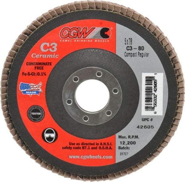 Camel Grinding Wheels - 80 Grit, 5" Disc Diam, 7/8" Center Hole, Ceramic Flap Disc - 12,200 Max RPM, Polyester Backing, Arbor Attaching System, Coated - USA Tool & Supply