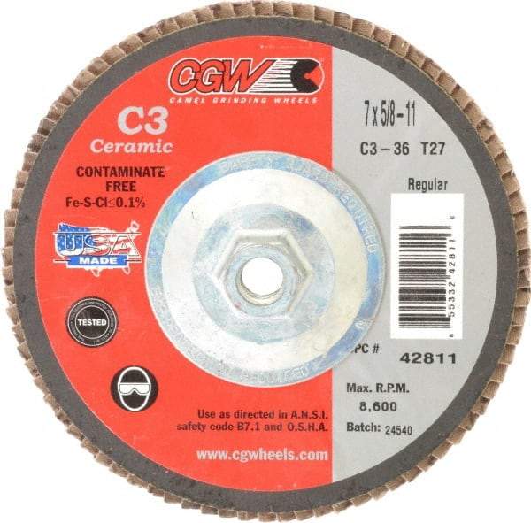 Camel Grinding Wheels - 36 Grit, 7" Disc Diam, 5/8-11 Center Hole, Type 27 Ceramic Flap Disc - 8,600 Max RPM, Polyester Backing, Arbor Attaching System, Coated - USA Tool & Supply