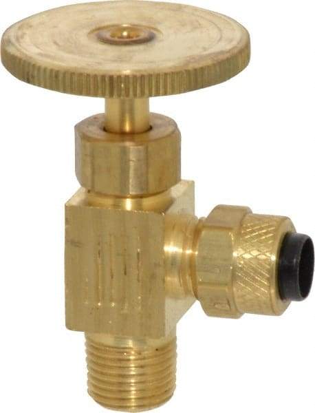 Parker - 1/4 x 1/8" Pipe, Angled Needle Valve - Poly-Tite x MNPTF Ends, Brass Valve, 150 Max psi - USA Tool & Supply