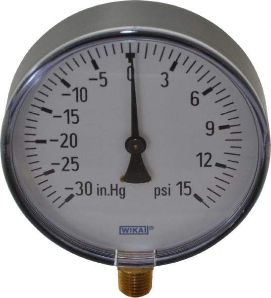 Wika - 4" Dial, 1/4 Thread, 30-0-15 Scale Range, Pressure Gauge - Lower Connection Mount, Accurate to 3-2-3% of Scale - USA Tool & Supply
