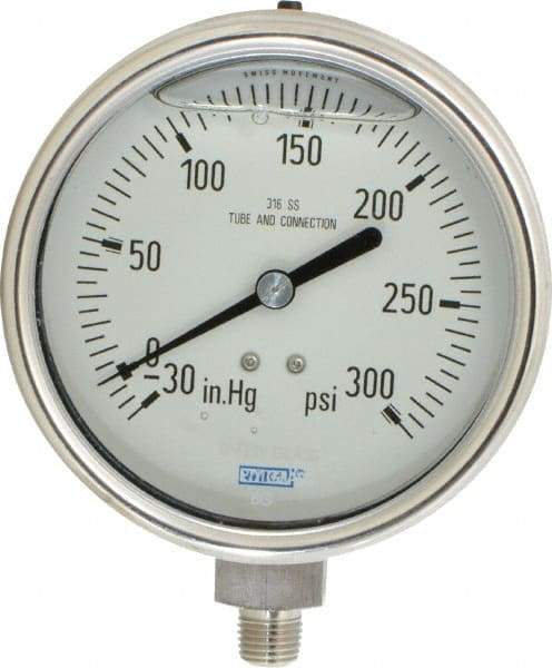 Wika - 4" Dial, 1/4 Thread, 30-0-300 Scale Range, Pressure Gauge - Lower Connection Mount, Accurate to 1% of Scale - USA Tool & Supply