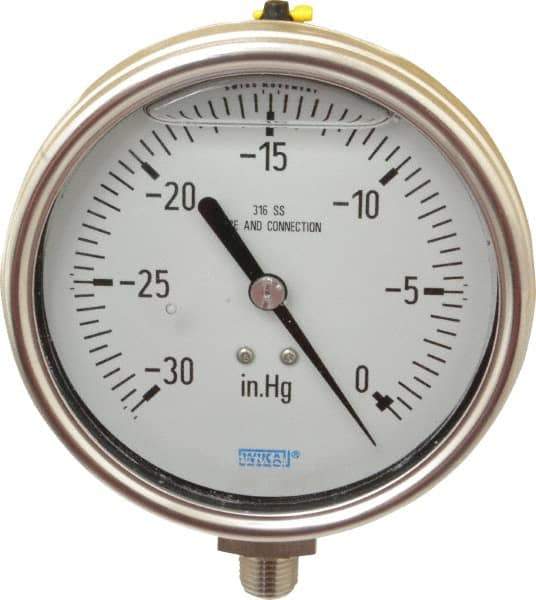 Wika - 4" Dial, 1/4 Thread, 30-0 Scale Range, Pressure Gauge - Lower Connection Mount, Accurate to 1% of Scale - USA Tool & Supply