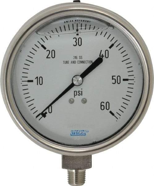 Wika - 4" Dial, 1/4 Thread, 0-60 Scale Range, Pressure Gauge - Lower Connection Mount, Accurate to 1% of Scale - USA Tool & Supply