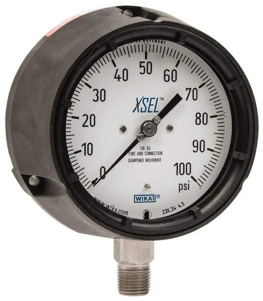 Wika - 4-1/2" Dial, 1/2 Thread, 0-100 Scale Range, Pressure Gauge - Lower Connection Mount, Accurate to 0.5% of Scale - USA Tool & Supply