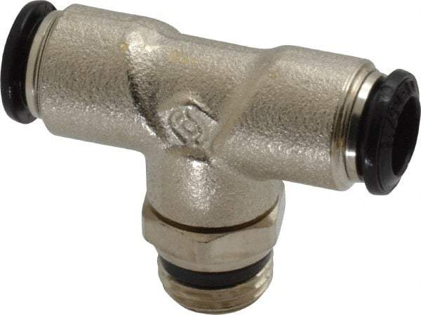 Alpha Technologies - 8mm Outside Diam, 1/4 Universal, Nickel Plated Brass Push-to-Connect Tube Male Swivel Branch Tee - 250 Max psi, Tube to Universal Thread Connection, Buna O-Ring - USA Tool & Supply