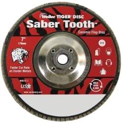 Weiler - 80 Grit, 7" Disc Diam, 5/8-11 Center Hole, Type 29 Ceramic Flap Disc - 8,600 Max RPM, Phenolic Backing, Arbor Attaching System, Coated - USA Tool & Supply