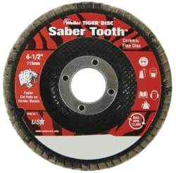 Weiler - 60 Grit, 4-1/2" Disc Diam, 7/8" Center Hole, Type 29 Ceramic Flap Disc - 13,000 Max RPM, Phenolic Backing, Quick Change Type S Attaching System, Coated - USA Tool & Supply