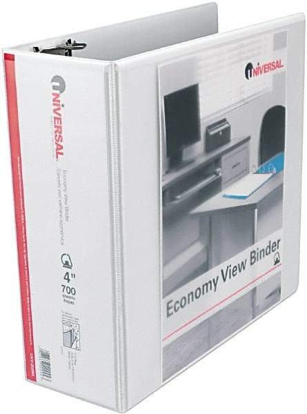 UNIVERSAL - 4" Sheet Capacity, 11 x 8-1/2", View Ring Binder - Vinyl, White - USA Tool & Supply